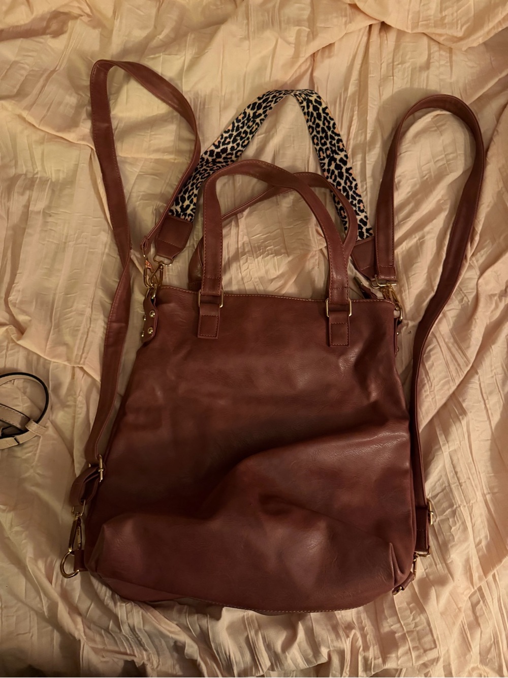 Classic Brown Leather Tote with Leopard Strap with Backpack Straps